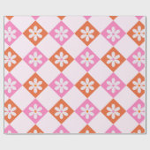 Witte Retro Flowers op Sinaasappel en Roze Diamant Cadeaupapier (Vlak)