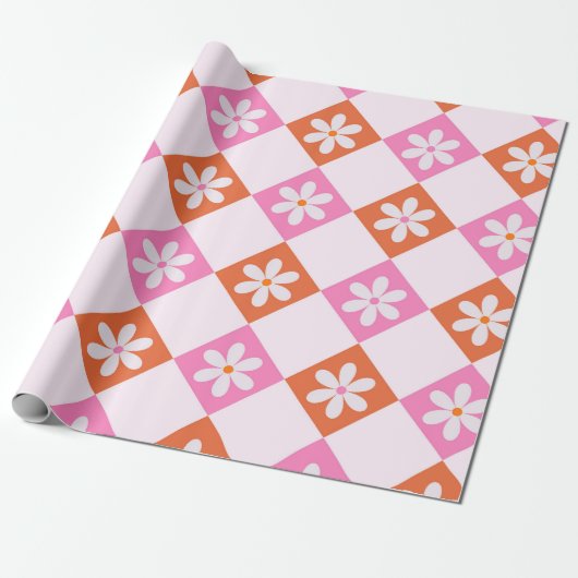 Witte Retro Flowers op Sinaasappel en Roze Diamant Cadeaupapier (Uitgerold)