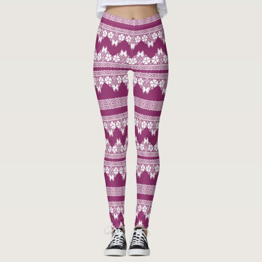 Witte Retro Kant vlinders Bourgondië Leggings (Voorkant)