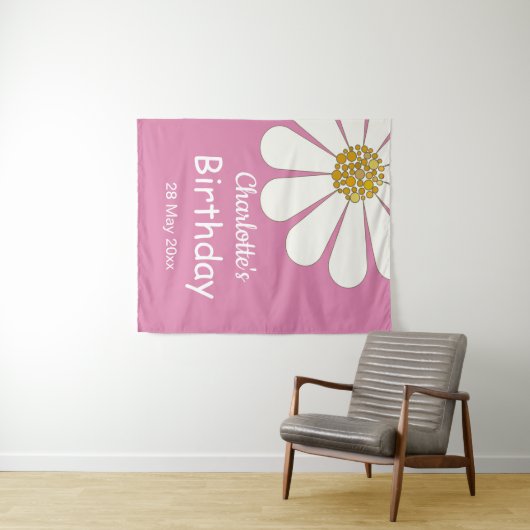 Witte Retro Moderne Madeliefjes Bloem Aangepaste V Wandkleed (In Situ (horizontaal))