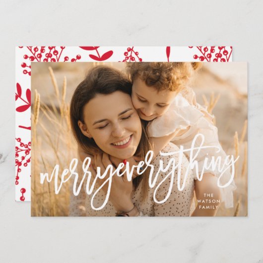 Witte Retro Script Merry Everything Foto Feestdagenkaart (Voorkant / Achterkant)