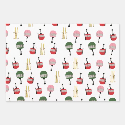 Witte retro skilift gondel winterskiën inpakpapier vel (Voorkant 3)