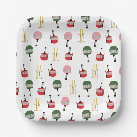 Witte retro skilift gondel winterskiën papieren bordje (Voorkant)