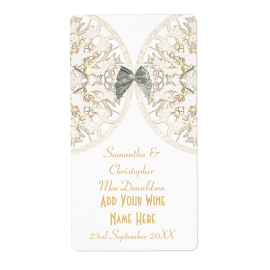 Witte reuzenpapercut damask trouwwijn fles etiket (Voorkant)