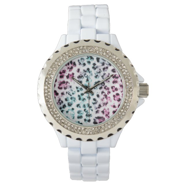 Witte Rhinestone Luipaard Print Horloge (Voorkant)