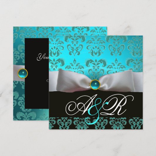 WITTE RIBBON BLUE TURQUASE BLACK DAMASKMONOGRAM KAART (Voorkant / Achterkant)
