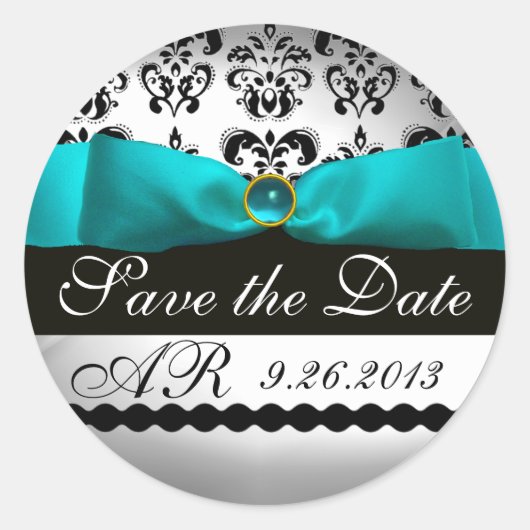 WITTE RIBBON BLUE TURQUASE BLACK DAMASKMONOGRAM RONDE STICKER (Voorkant)