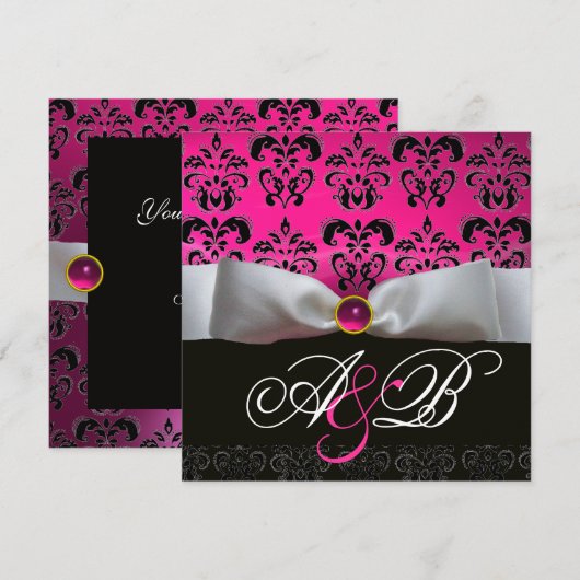 WITTE RIBBON PINK PAARSE ZWARTE DAMASKMONOGRAM KAART (Voorkant / Achterkant)