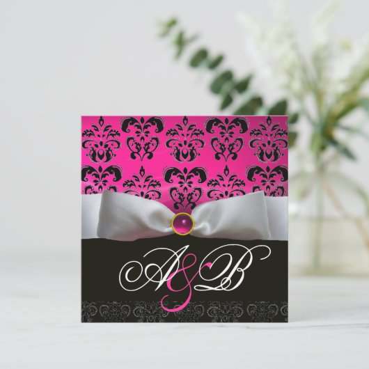 WITTE RIBBON PINK PAARSE ZWARTE DAMASKMONOGRAM KAART (Staand voorkant)
