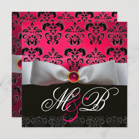 WITTE RIBBON PINK RED RUBY BLACK DAMASK MONOGRAM KAART (Voorkant / Achterkant)