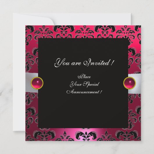 WITTE RIBBON PINK RED RUBY BLACK DAMASK MONOGRAM KAART (Achterkant)