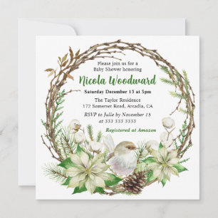 Witte Robin en Poinsettia Krans Baby Shower Kaart