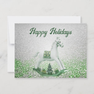 Witte Rocking Paard Groene Kerstvakantie Briefkaart