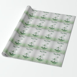 Witte Rocking Paard Groene Kerstvakantie Cadeaupapier