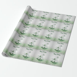 Witte Rocking Paard Groene Kerstvakantie Cadeaupapier
