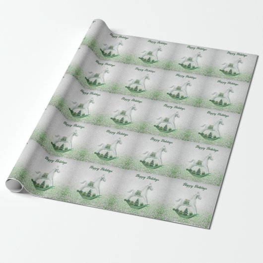 Witte Rocking Paard Groene Kerstvakantie Cadeaupapier (Uitgerold)