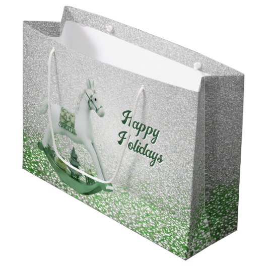 Witte Rocking Paard Groene Kerstvakantie Groot Cadeauzakje (Voorkant Gekanteld)