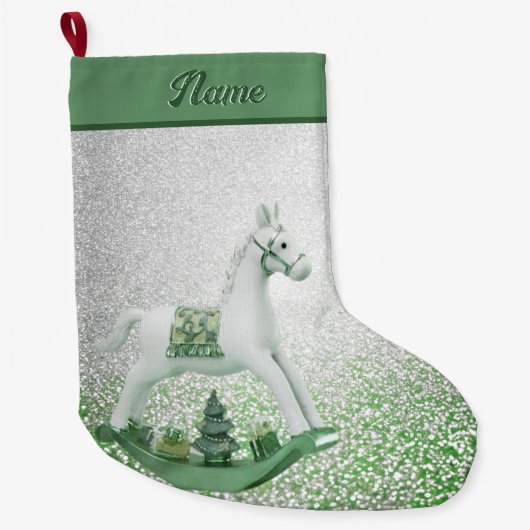 Witte Rocking Paard Groene Kerstvakantie Grote Kerstsok (Voorkant)