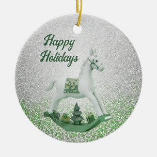 Witte Rocking Paard Groene Kerstvakantie Keramisch Ornament