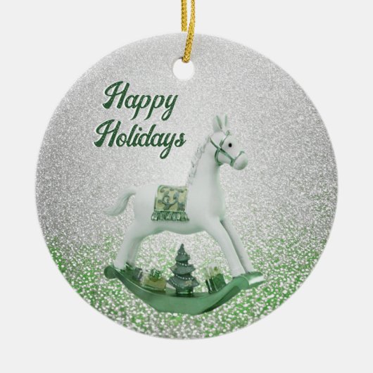 Witte Rocking Paard Groene Kerstvakantie Keramisch Ornament (Voorkant)