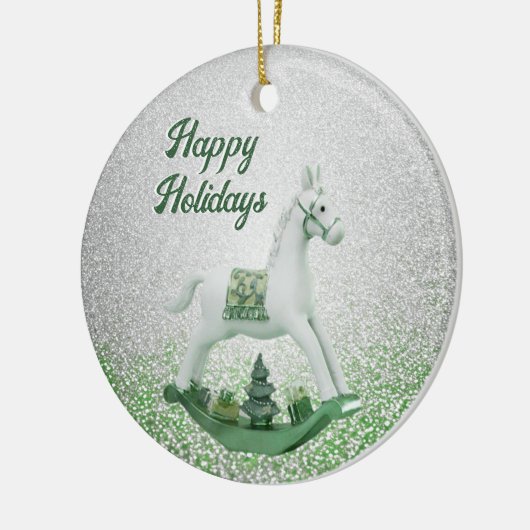 Witte Rocking Paard Groene Kerstvakantie Keramisch Ornament (Links)