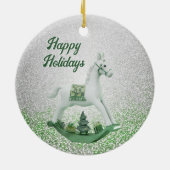 Witte Rocking Paard Groene Kerstvakantie Keramisch Ornament (Achterkant)