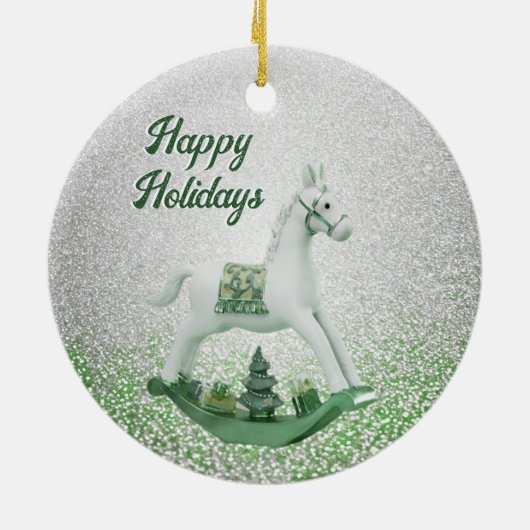 Witte Rocking Paard Groene Kerstvakantie Keramisch Ornament (Achterkant)