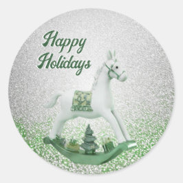 Witte Rocking Paard Groene Kerstvakantie Ronde Sticker