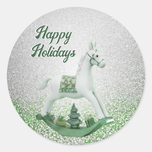 Witte Rocking Paard Groene Kerstvakantie Ronde Sticker (Voorkant)