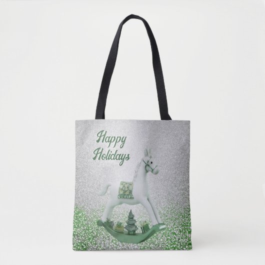 Witte Rocking Paard Groene Kerstvakantie Tote Bag (Voorkant)