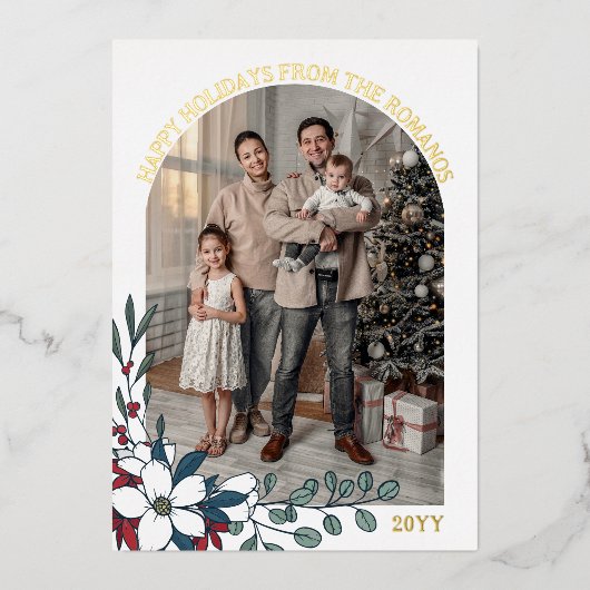 Witte Rode Bloemen Boog Foto Prettige Feestdagen (Voorkant)