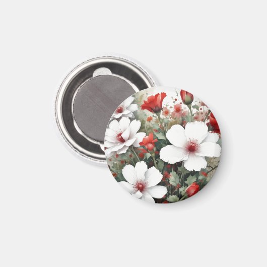 Witte & Rode Bloemen Elegitisch Waterverf Magneet (Voorkant / Achterkant)