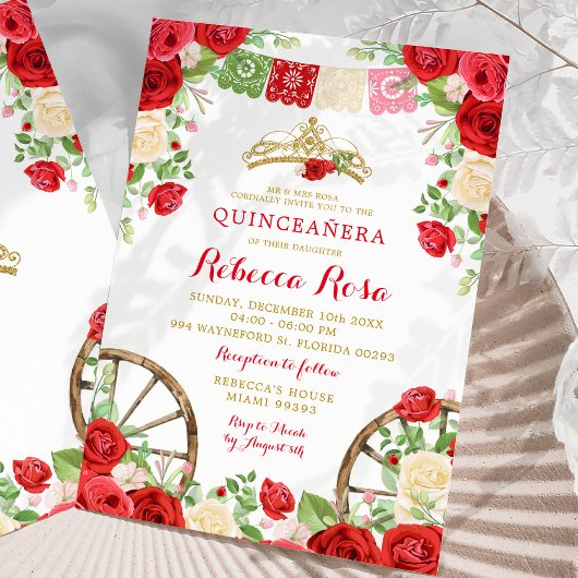 Witte rode bloemen kleurrijke Fiesta Quinceañera Kaart