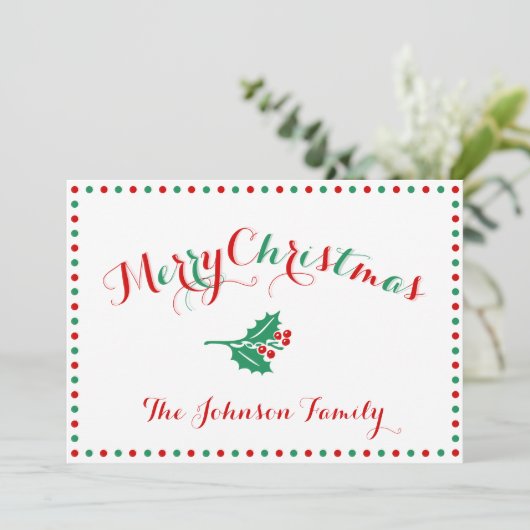 Witte, rode en groene gepersonaliseerde kerstkaart (Staand voorkant)