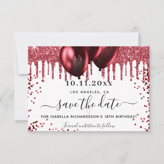 Witte rode glitter drift ballonnen save the date (Voorkant)