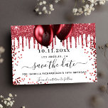 Witte rode glitter drift ballonnen save the date<br><div class="desc">Een witte rode achtergrond met rode neusglitterdruppels en ballonnen. Pas een datum en een naam/leeftijd aan en voeg deze toe. De tekst: Sparen de Datum wordt geschreven met een groot trendy hand lettered stijlmanuscript.</div>