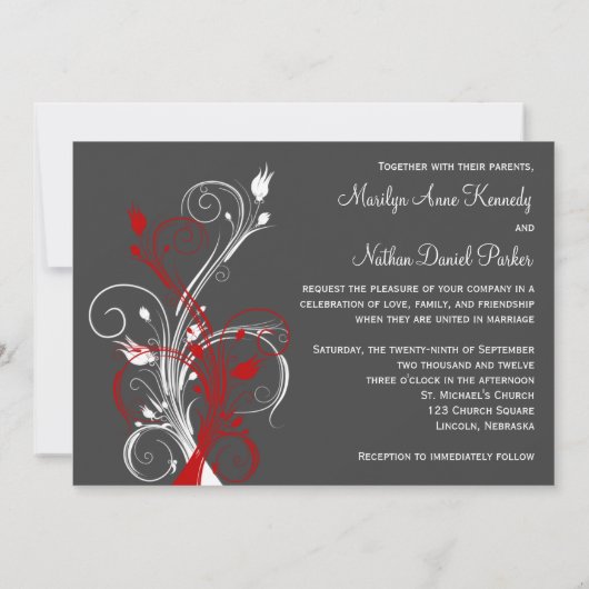 Witte, rode, grijze bloemenbruiloft uitnodiging (Achterkant)