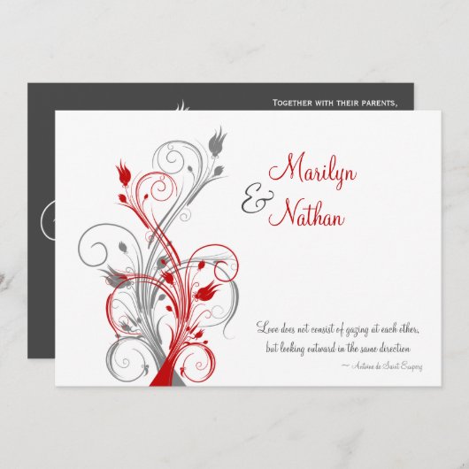 Witte, rode, grijze bloemenbruiloft uitnodiging (Voorkant / Achterkant)