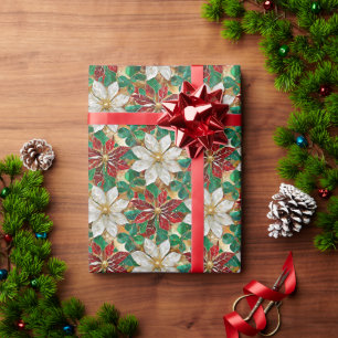 Witte Rode Groene Gouden Poinsettia Cadeaupapier