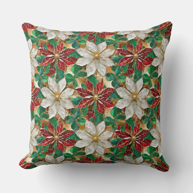 Witte Rode Groene Gouden Poinsettia Kussen (Voorkant)