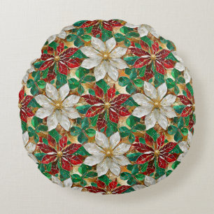 Witte Rode Groene Gouden Poinsettia Rond Kussen
