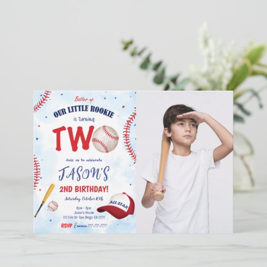 Witte & Rode honkbal foto uitnodiging (Staand voorkant)