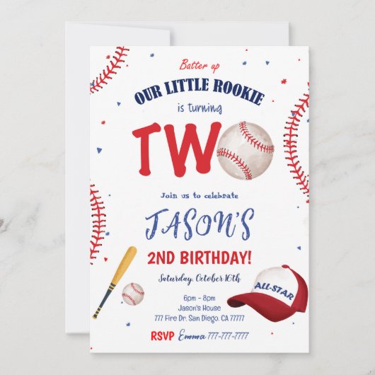 Witte & Rode Honkbal Verjaardag Uitnodiging (Voorkant)