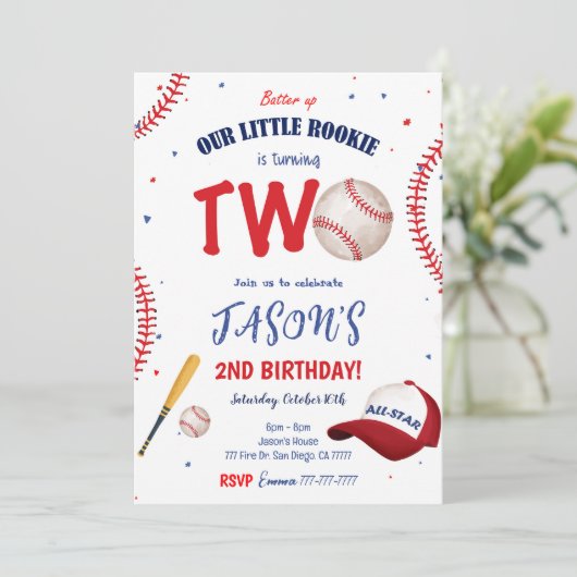 Witte & Rode Honkbal Verjaardag Uitnodiging (Staand voorkant)