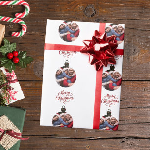 Witte rode kerstbal foto leuk script Kerstmis Cadeaupapier