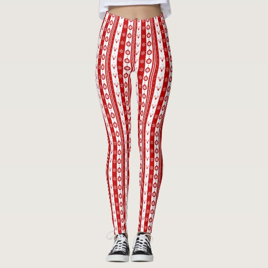 Witte & Rode Kerstmis Herten en Sneeuwvlokken Lang Leggings (Voorkant)