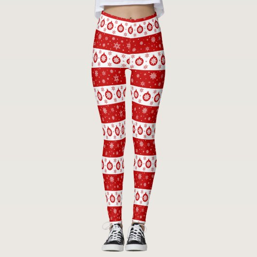Witte & Rode Kerstmis Sneeuwvlokken en Ballen Leggings (Voorkant)