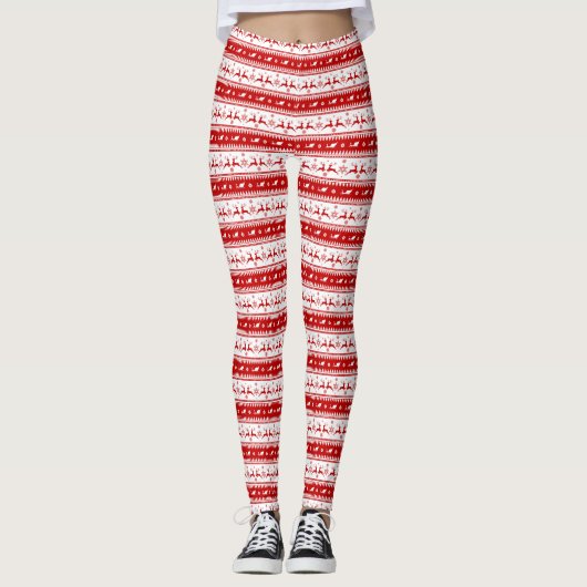 Witte & Rode Kerstmisherten en Sleigh Patroon Leggings (Voorkant)