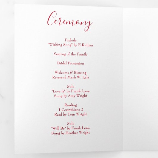 Witte & Rode Pioen & Roos Bloemen Trouwprogramma's Drieluik Programma (Binnenzijde eerst)