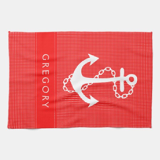 Witte & Rode Polkadot met Nautische Boot Anker 2 Theedoek (Horizontaal)